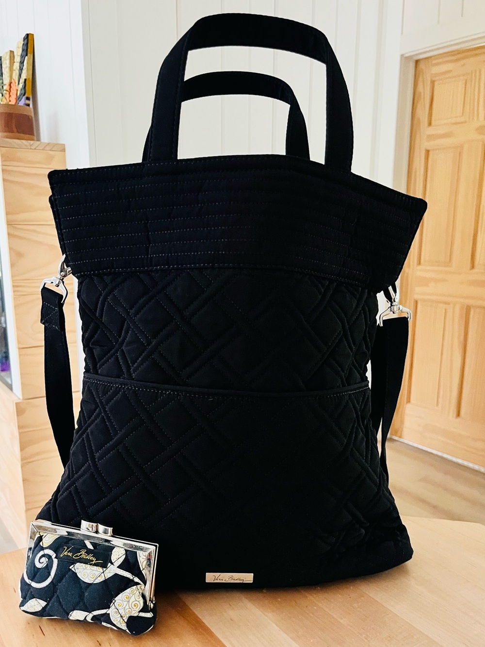 Vera Bradley Black Quilted Tote with Adjustable Strap & Kisslock Coin Pouch